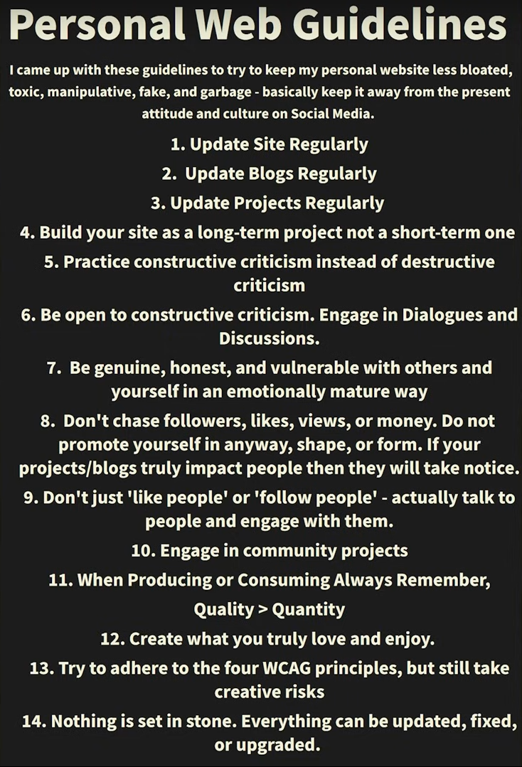 The guidelines are at 6:26 in the linked video Some guidelines for personal websites